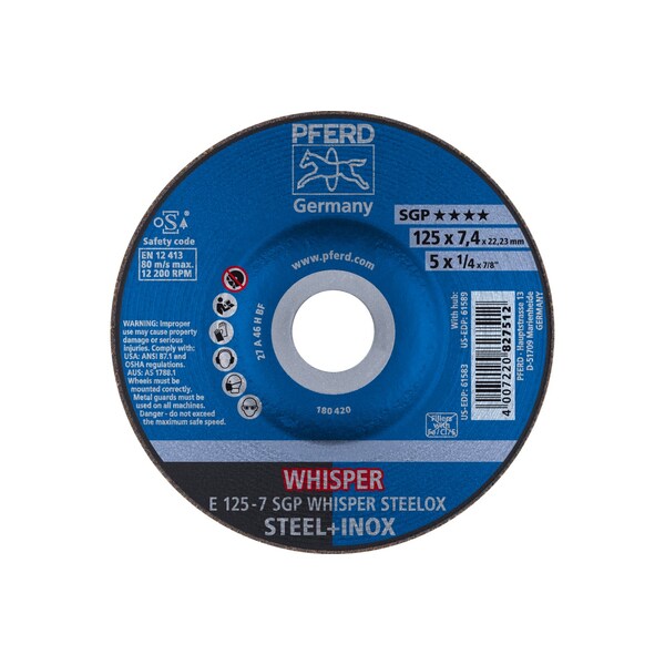 Pferd 5" x 1/4 Grinding Wheel, 7/8" A.H. - SGP WHISPER STEELOX - Type 27 - 61583