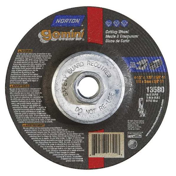 Norton Abrasives Depressed Center Cut-Off Wheel, Type 27, 4 1/2 in Dia, 0.125 in Thick, 5/8"-11 Arbor Hole Size - 66252843588
