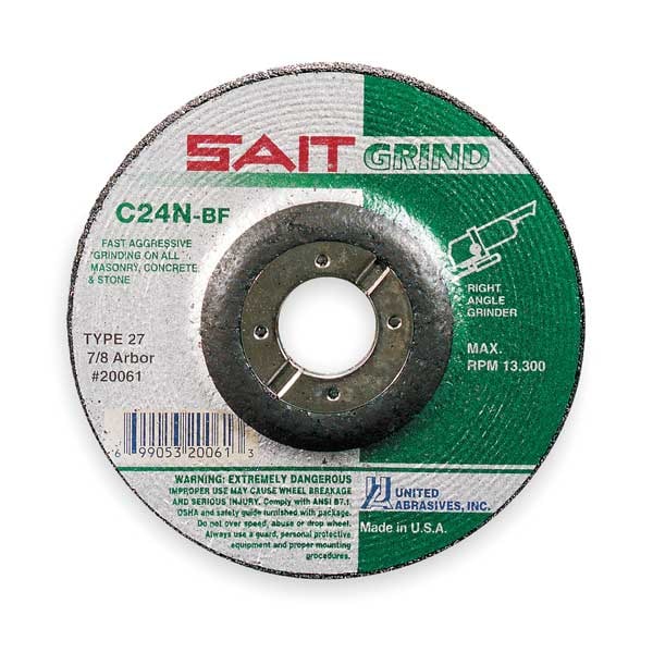 United Abrasives/Sait Depressed Center Grinding Wheel, Type 27, 4 1/2 in Dia, 0.25 in Thick, 7/8 in Arbor Hole Size - 20061