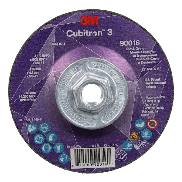 3M Cubitron Cut-Off and Grinding Wheel, Type 27, 4 1/2 in Dia, 0.156 in Thick, 5/8"-11 Arbor Hole Size, Ceramic - 90016