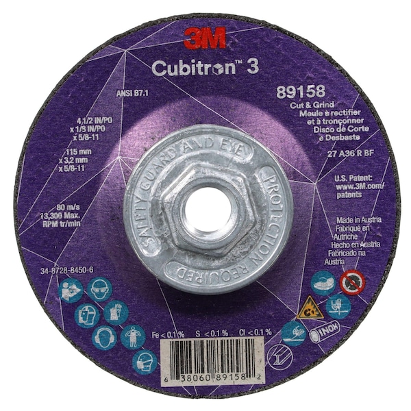 3M Cubitron Cut-Off and Grinding Wheel, Type 27, 6 in Dia, 0.125 in Thick, 7/8 in Arbor Hole Size, Ceramic - 89162