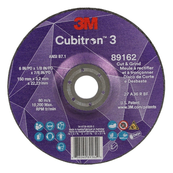 3M Cubitron Cut-Off and Grinding Wheel, Type 27, 6 in Dia, 0.125 in Thick, 7/8 in Arbor Hole Size, Ceramic - 89162