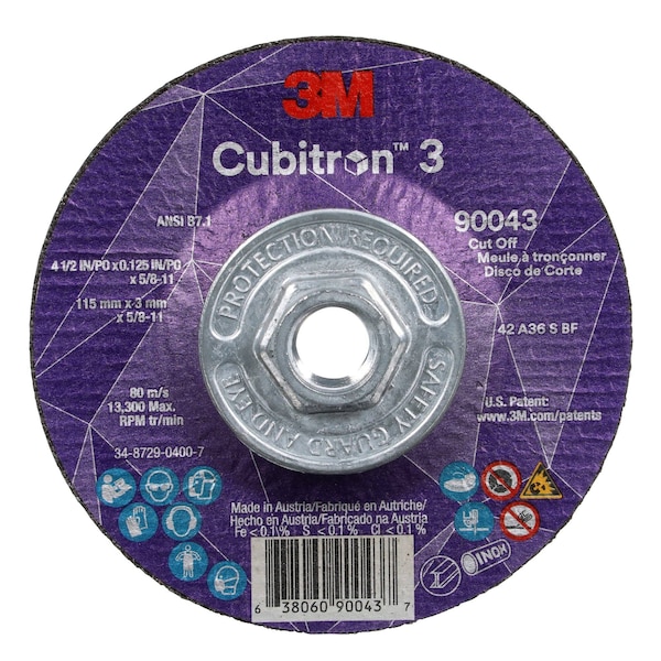 3M Cubitron Cut-Off Wheel, Type 27, 4 1/2 in Dia, 0.125 in Thick, 5/8"-11 Arbor Hole Size, Ceramic, 36 Grit - 90043
