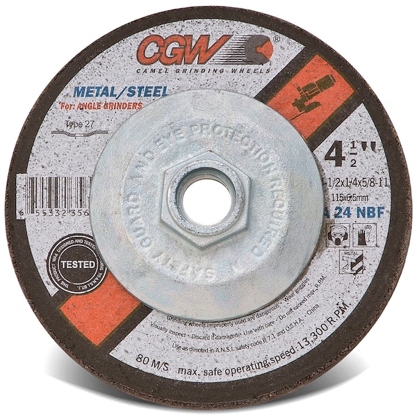 Cgw Camel Grinding Wheels. CGW Abrasives Depressed Center Wheel 4-1/2 x 1/4 x 5/8, 11, Type 27, 24 Grit, Aluminium Oxide - 35623