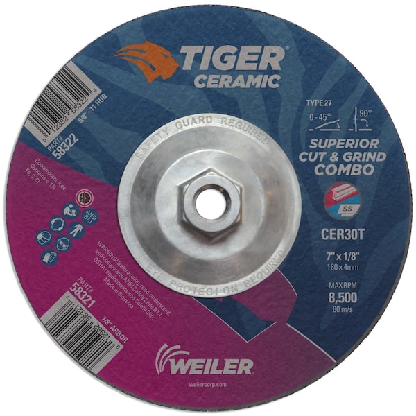 Weiler 7 x 1/8 TIGER CERAMIC Type 27 Cut/Grind Combo Wheel CER30T 5/8-11 Nut - 58322
