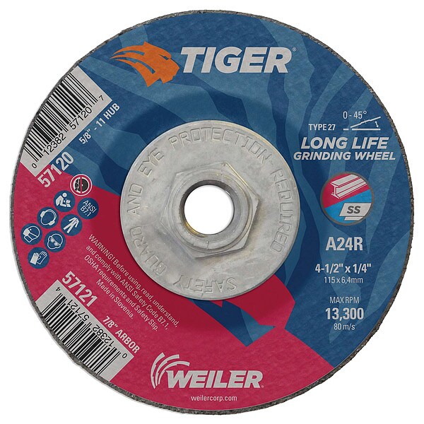 Tiger 4-1/2"x1/4" TIGER AO Type 27 Grinding Wheel A24R 5/8"-11 Nut - 57120
