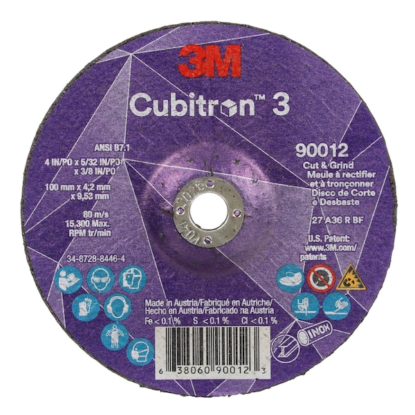3M Cubitron Cut-Off and Grinding Wheel, Type 27, 4 in Dia, 0.156 in Thick, 3/8 in Arbor Hole Size, Ceramic - 90012
