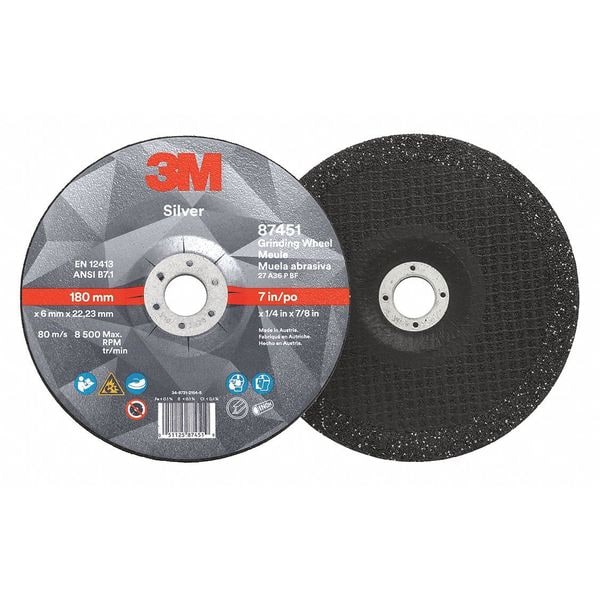 3M Depressed Center Grinding Wheel, Type 27, 7 in Dia, 0.25 in Thick, 7/8 in Arbor Hole Size, Ceramic - 87451