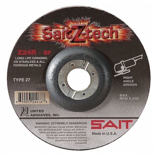 United Abrasives/Sait Depressed Center Grinding Wheel, Type 27, 9 in Dia, 0.25 in Thick, 7/8 in Arbor Hole Size, 24 Grit - 22606