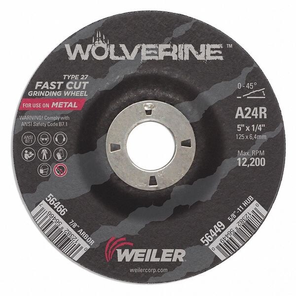 Weiler Grinding Wheel, Type 27, 5 in Dia, 1/4 in Thick, 7/8 in Arbor Hole Size, Aluminum Oxide - 56466