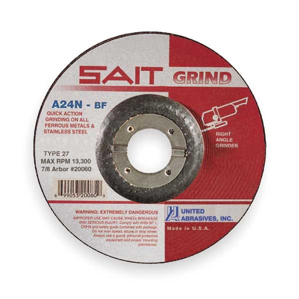 United Abrasives/Sait Depressed Center Grinding Wheel, Type 27, 7 in Dia, 0.25 in Thick, 7/8 in Arbor Hole Size, 24 Grit - 20081