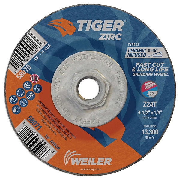 Weiler 4-1/2"x1/4" TIGER ZIRC Type 27 Grinding Wheel Z24T 5/8"-11 Nut - 58070