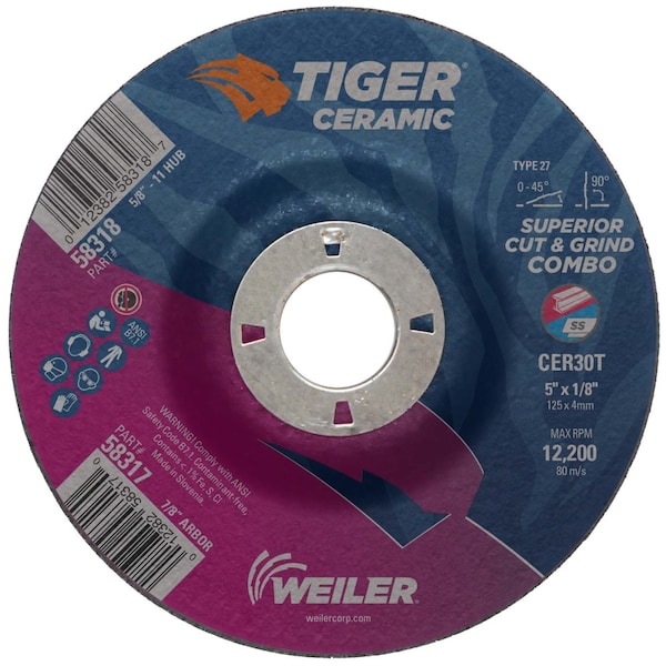 Weiler 5 in Dia, 1/8 in Thick, 7/8 in Arbor Hole Size, Ceramic - 58317