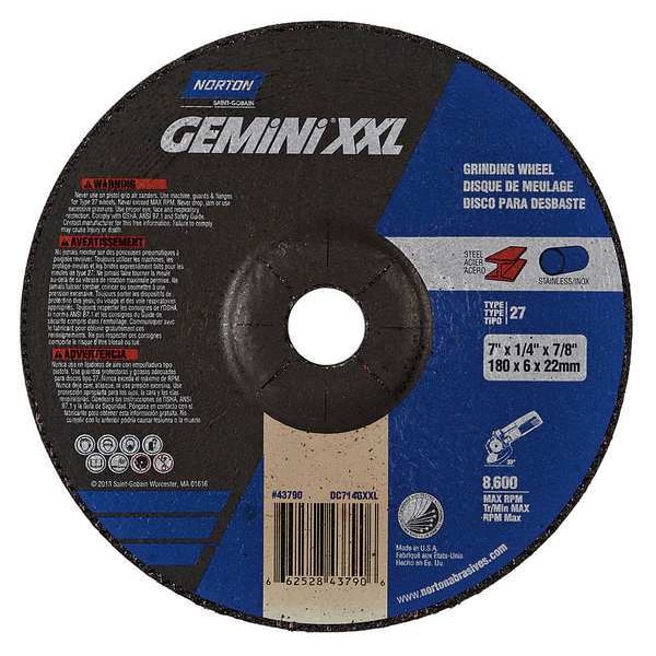 Norton Abrasives Depressed Center Grinding Wheel, Type 27, 7 in Dia, 0.25 in Thick, 7/8 in Arbor Hole Size, 24 Grit - 66252843790