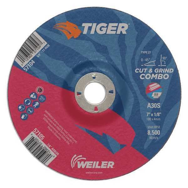 Tiger Combo Wheel, Type 27, 7 in Dia, 0.125 in Thick, 7/8 in Arbor Hole Size, Aluminum Oxide - 57105