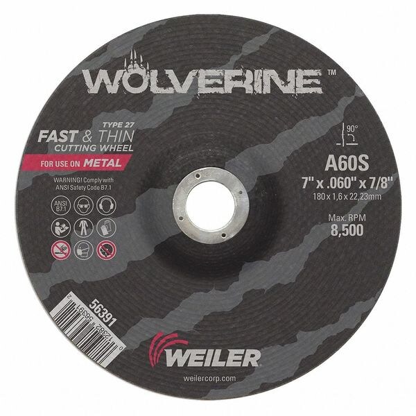 Weiler Cutting Wheel, Type 27, 7 in Dia, 0.06 in Thick, 7/8 in Arbor Hole Size, Aluminum Oxide - 56391