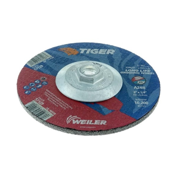 Weiler 6” x 1/4" TIGER AO Type 27 Grinding Wheel, A24R, 5/8"-11 Nut - 57128