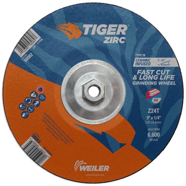 Weiler 9"x 1/4" TIGER ZIRC Type 28 Grinding Wheel, Z24T, 5/8"-11 Nut - 58082