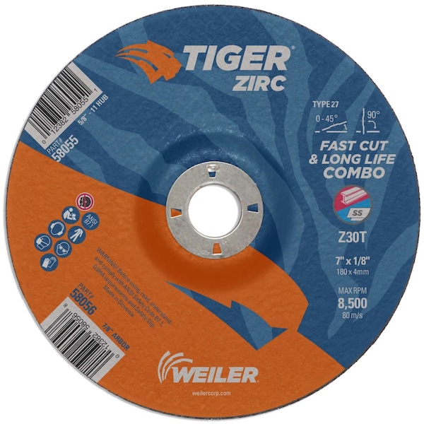 Weiler 7 in Dia, 1/8 in Thick, 7/8 in Arbor Hole Size, Zirconia Alumina, 30 Grit - 58056