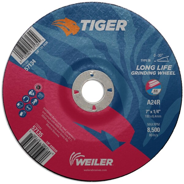 Weiler 7 in Dia, 1/4 in Thick, 7/8 in Arbor Hole Size, Aluminum Oxide, 24 Grit - 57135