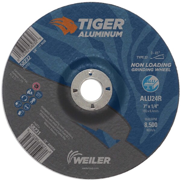 Weiler 7 in Dia, 1/4 in Thick, 7/8 in Arbor Hole Size, Aluminum Oxide, 24 Grit - 58231