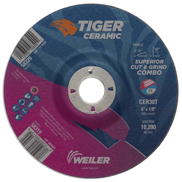 Weiler 6 x 1/8 TIGER CERAMIC Type 27 Cut/Grind Combo Wheel CER30T 7/8 A.H. - 58319