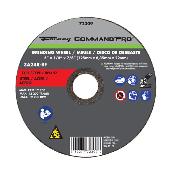 Forney Grinding Wheel, Metal Type 27, 5 in x 1/4 in x 7/8 in - 72309