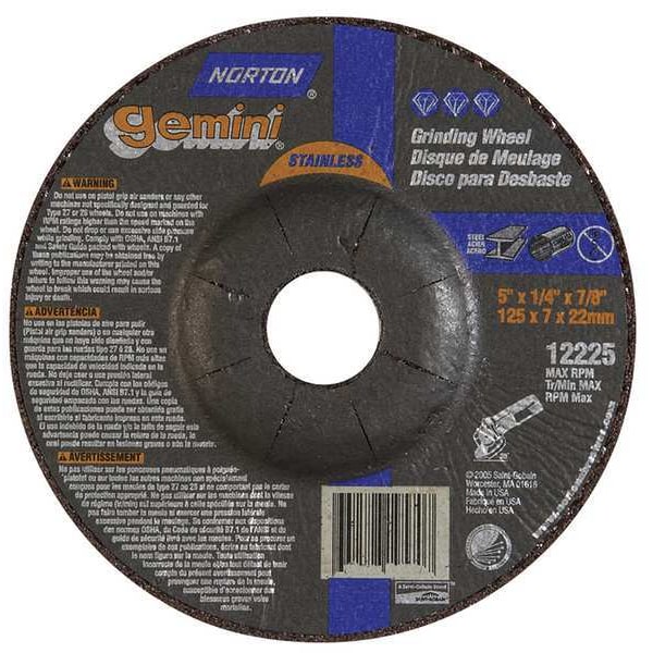 Norton Abrasives Depressed Center Grinding Wheel, Type 27, 5 in Dia, 0.25 in Thick, 7/8 in Arbor Hole Size, 24 Grit - 66252842040