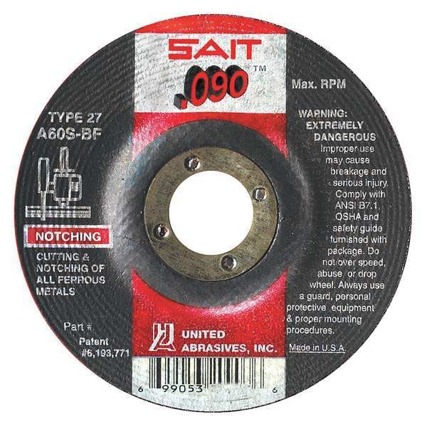 United Abrasives/Sait Depressed Center Cut-Off Wheel, Type 27, 4 1/2 in Dia, 0.09 in Thick, 7/8 in Arbor Hole Size - 20903