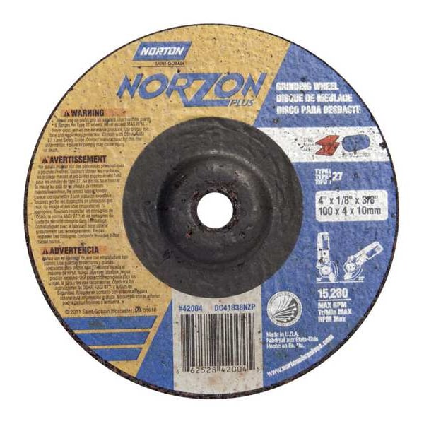 Norton Abrasives Cut-Off & Grinding Wheel, Type 27, 4 in Dia, 0.125 in Thick, 3/8 in Arbor Hole Size, Ceramic - 66252842004