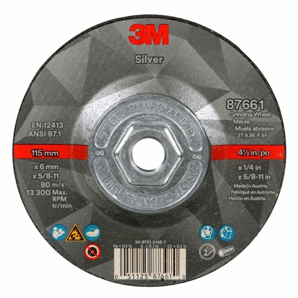 3M Depressed Center Grinding Wheel, Type 27, 4 1/2 in Dia, 0.25 in Thick, 5/8"-11 Arbor Hole Size - 87661