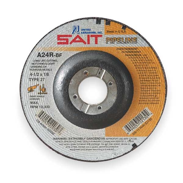 United Abrasives/Sait Cut-Off & Grinding Wheel, Type 27, 5 in Dia, 0.125 in Thick, 7/8 in Arbor Hole Size, Aluminum Oxide - 22040