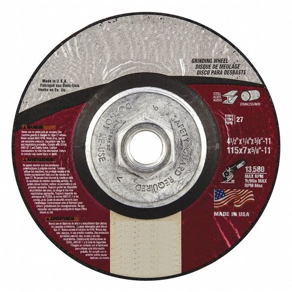 Zoro Select Depressed Center Grinding Wheel, Type 27, 4 1/2 in Dia, 0.25 in Thick, 5/8"-11 Arbor Hole Size - 5539502873