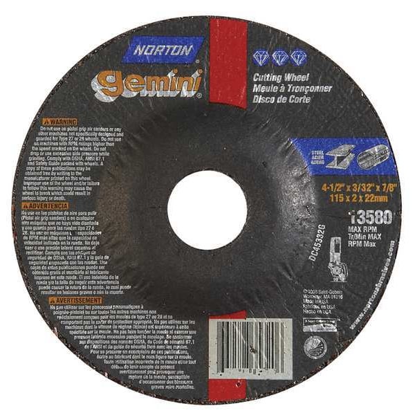Norton Abrasives Depressed Center Cut-Off Wheel, Type 27, 4 1/2 in Dia, 0.0938 in Thick, 7/8 in Arbor Hole Size - 66252841940