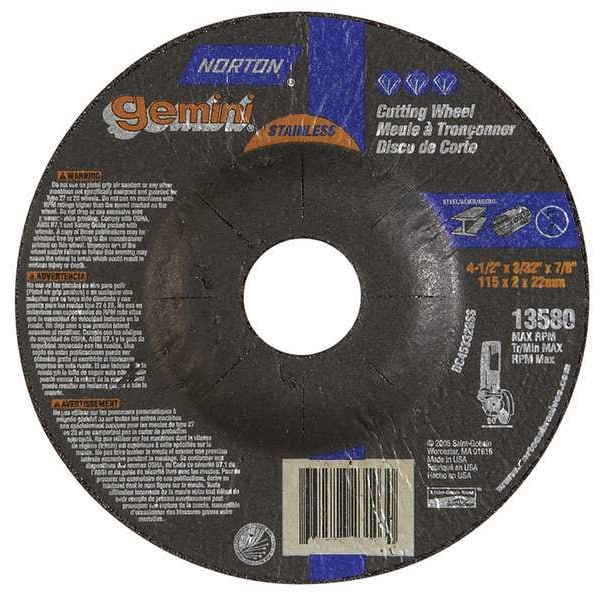 Norton Abrasives Depressed Center Cut-Off Wheel, Type 27, 4 1/2 in Dia, 0.0938 in Thick, 7/8 in Arbor Hole Size - 66252842028
