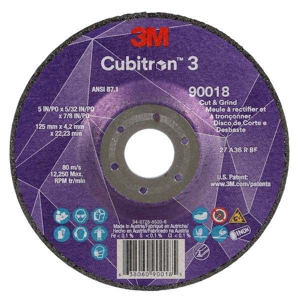 3M Cubitron Cut-Off and Grinding Wheel, Type 27, 5 in Dia, 0.156 in Thick, 7/8 in Arbor Hole Size, Ceramic - 90018
