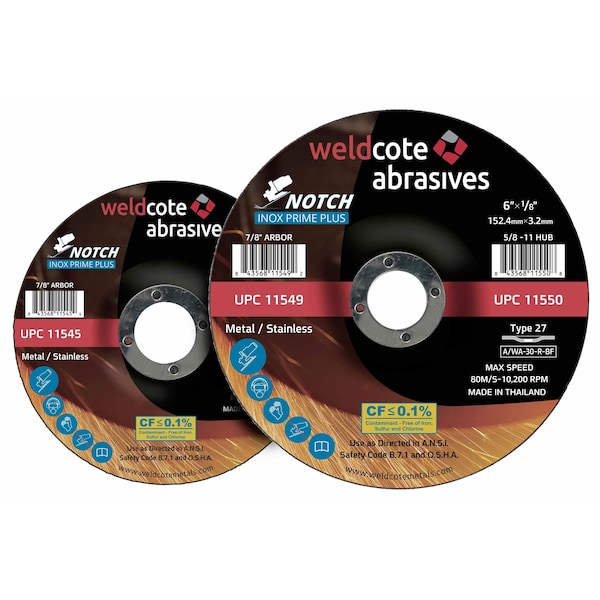 Inox-Prime Plus Right Angle Grinder Wheels, NOTCH, 6in x 1/8in x 5/8-11, 10PK - 11550