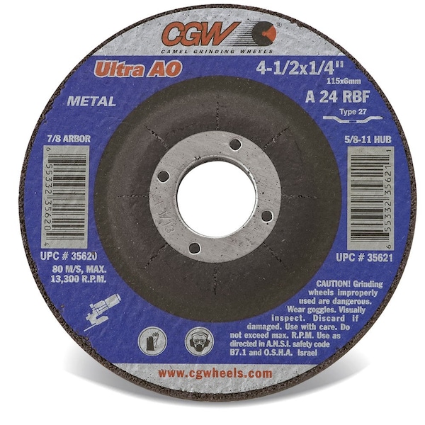 Cgw Abrasives CGW Abrasives 35621 Depressed Center Wheel 4-1/2" x 1/4" x 5/8- 11 INT T27 24 Grit Aluminum Oxide - 35621