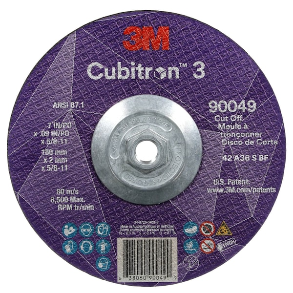 3M Cubitron Cut-Off Wheel, Type 27, 7 in Dia, 0.09 in Thick, 5/8"-11 Arbor Hole Size, Ceramic, 36 Grit - 90049