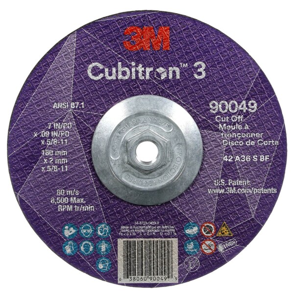 3M Cubitron Cut-Off Wheel, Type 27, 7 in Dia, 0.09 in Thick, 5/8"-11 Arbor Hole Size, Ceramic, 36 Grit - 90049