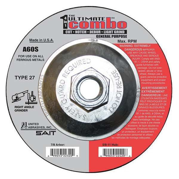 United Abrasives/Sait Depressed Center Cut-Off Wheel, Type 27, 4 1/2 in Dia, 0.095 in Thick, 5/8"-11 Arbor Hole Size - 22420
