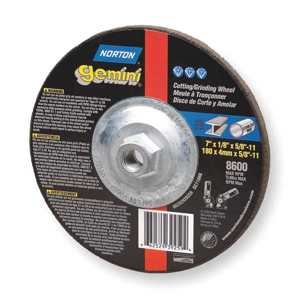 Norton Abrasives Depressed Center Cut-Off Wheel, Type 27, 7 in Dia, 0.0938 in Thick, 5/8"-11 Arbor Hole Size - 66252841907