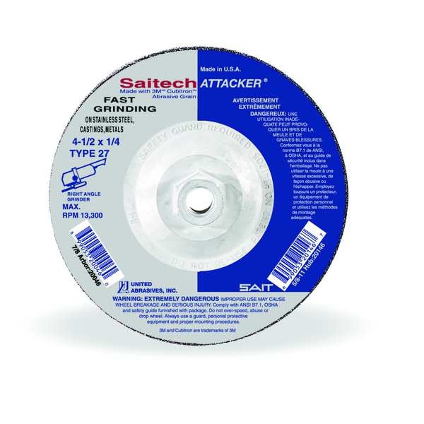 United Abrasives/Sait Depressed Center Grinding Wheel, Type 27, 4 1/2 in Dia, 0.25 in Thick, 5/8"-11 Arbor Hole Size - 20146