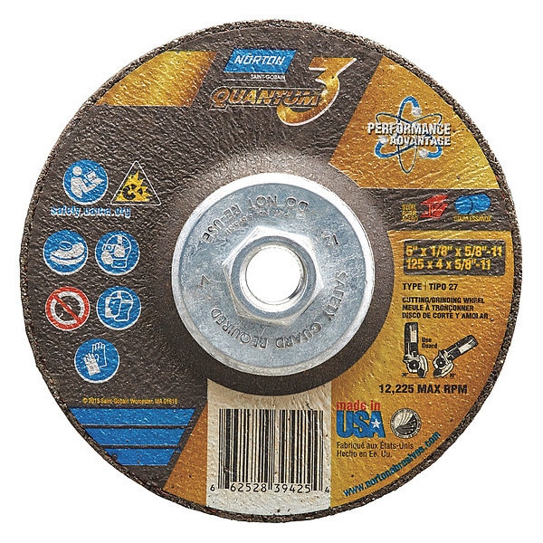 Norton Abrasives Cut-Off & Grinding Wheel, Type 27, 5 in Dia, 0.125 in Thick, 5/8"-11 Arbor Hole Size, Ceramic - 66252839425