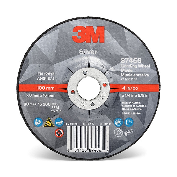 3M Depressed Center Grinding Wheel, Type 27, 6 in Dia, 0.25 in Thick, 7/8 in Arbor Hole Size, Ceramic - 87450