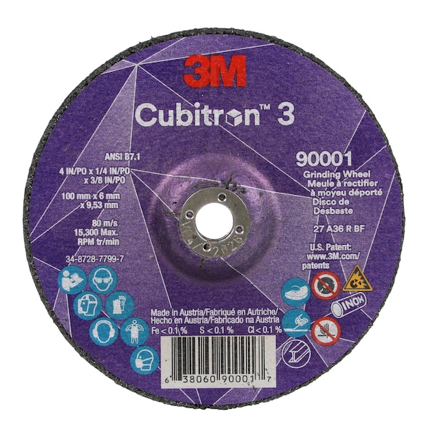 3M Cubitron Depressed Center Grinding Wheel, Type 27, 4 in Dia, 0.25 in Thick, 3/8 in Arbor Hole Size, Ceramic - 90001