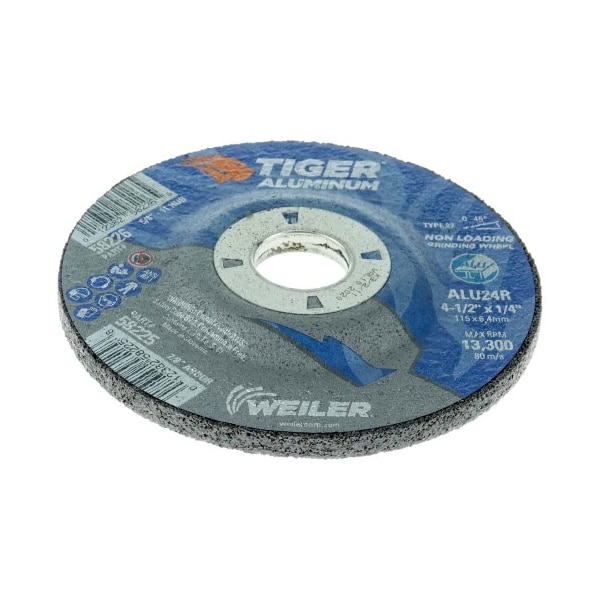 Weiler 4-1/2" x 1/4" TIGER ALUMINUM Type 27 Grinding Wheel ALU24R 7/8 A.H. - 58225
