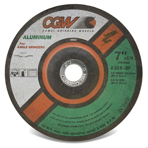 Cgw Abrasives Flat Depressed Center Wheel, 4-1/2 in Dia x 1/4 in THK, 30 Grit, Aluminum Oxide Abrasive - 36108
