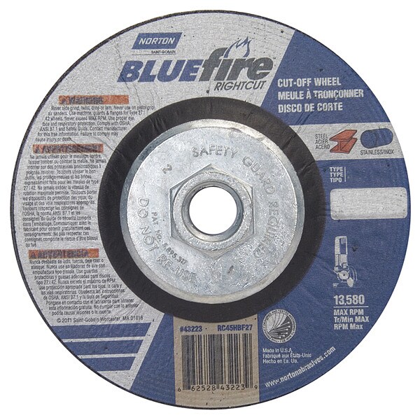Norton Abrasives Depressed Center Cut-Off Wheel, Type 27, 4 1/2 in Dia, 0.0625 in Thick, 5/8"-11 Arbor Hole Size - 66252843223