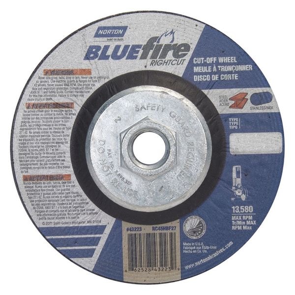 Norton Abrasives Depressed Center Cut-Off Wheel, Type 27, 4 1/2 in Dia, 0.0625 in Thick, 5/8"-11 Arbor Hole Size - 66252843223
